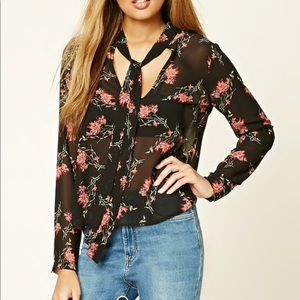 sheer floral tie neck top
